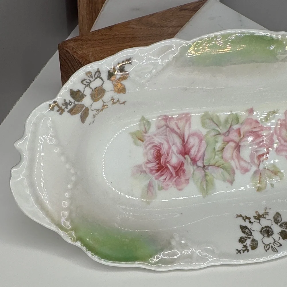 Early 1900s German Pink Shabby Roses Oval Dish